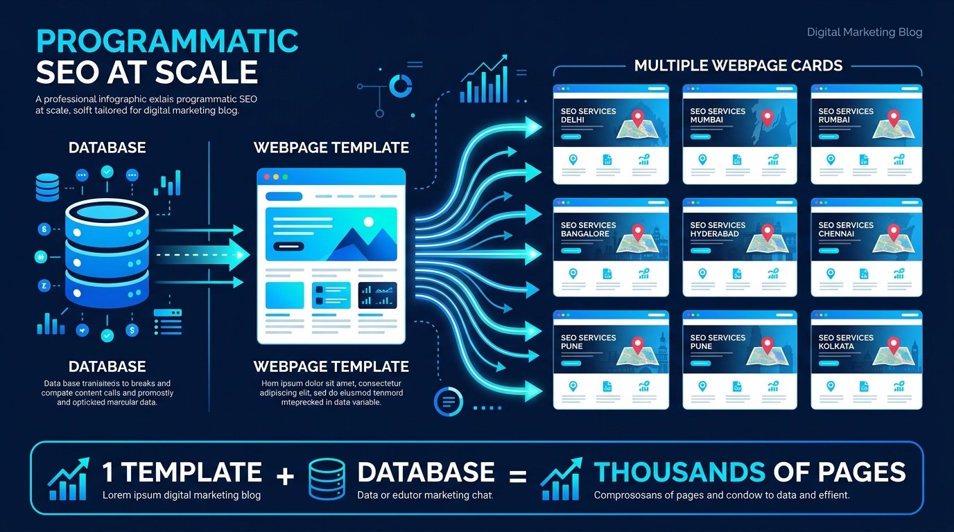 Programmatic SEO scale: one template plus database generates thousands of pages automatically