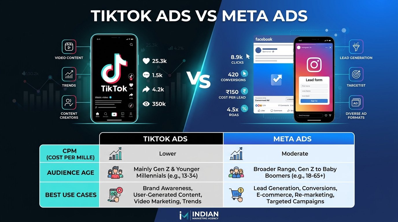 TikTok Ads vs Meta Ads comparison for Indian businesses — CPM, audience, best use cases