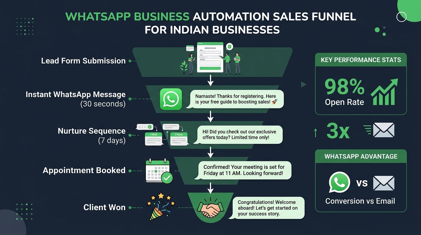 WhatsApp business automation sales funnel for Indian businesses with 98% open rate